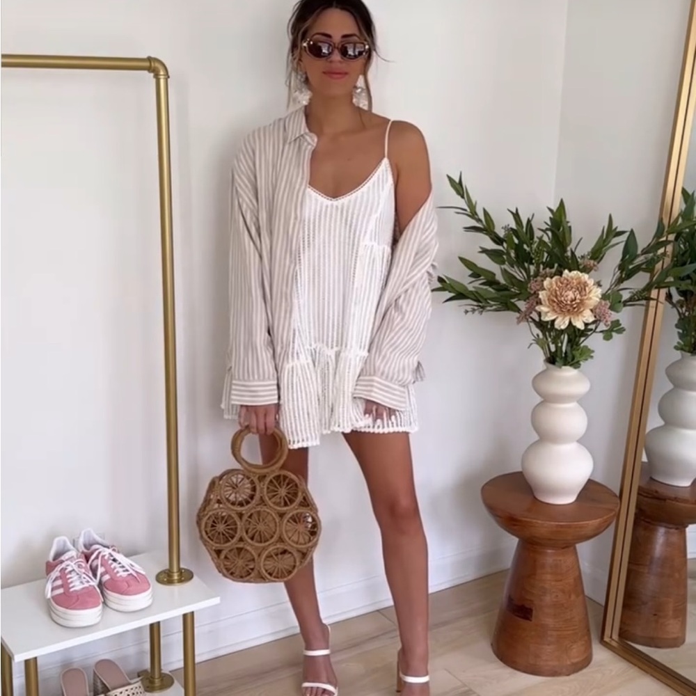 THREADS OF FATE OPEN KNIT WHITE MINI DRESS